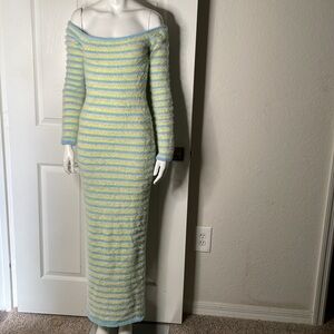 Murci fuzzy Striped off the shoulder Long Sleeve Maxi Dress